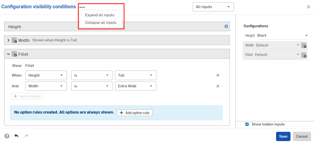 Expand or collapse all inputs in the Configuration visibility conditions dialog by clicking the three-dot button.