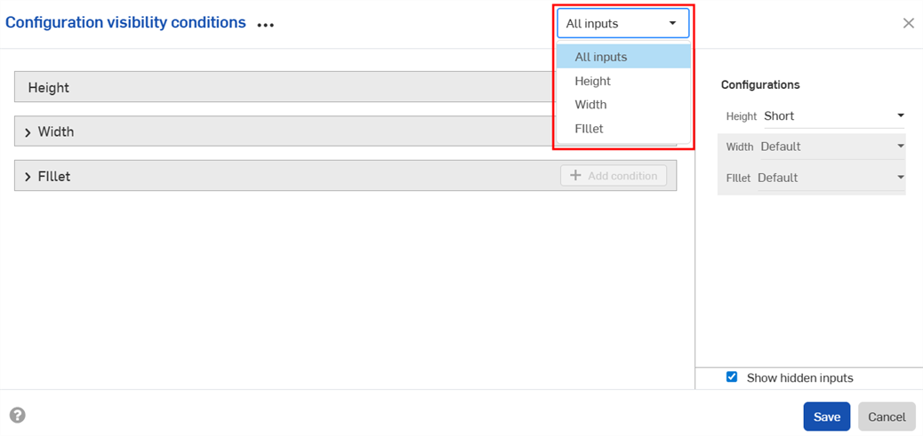 Input dropdown clicked in the Configuration visibility conditions dialog.
