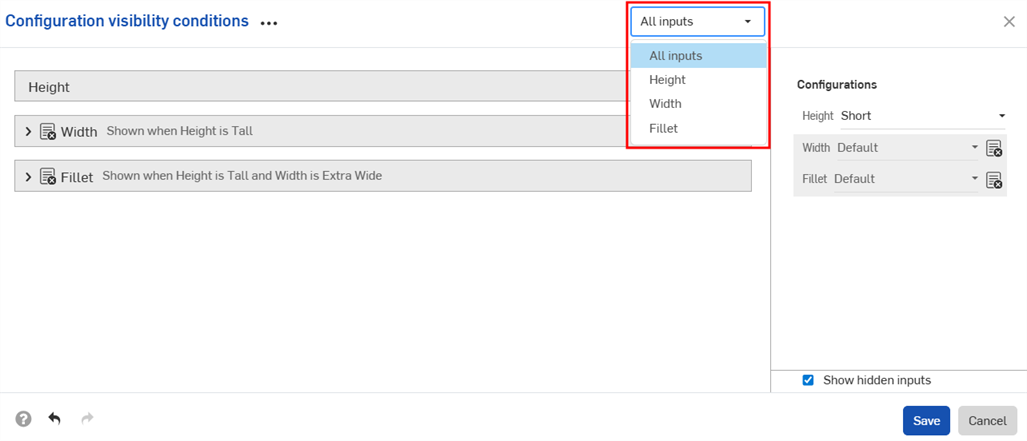 Input dropdown clicked in the Configuration visibility conditions dialog.