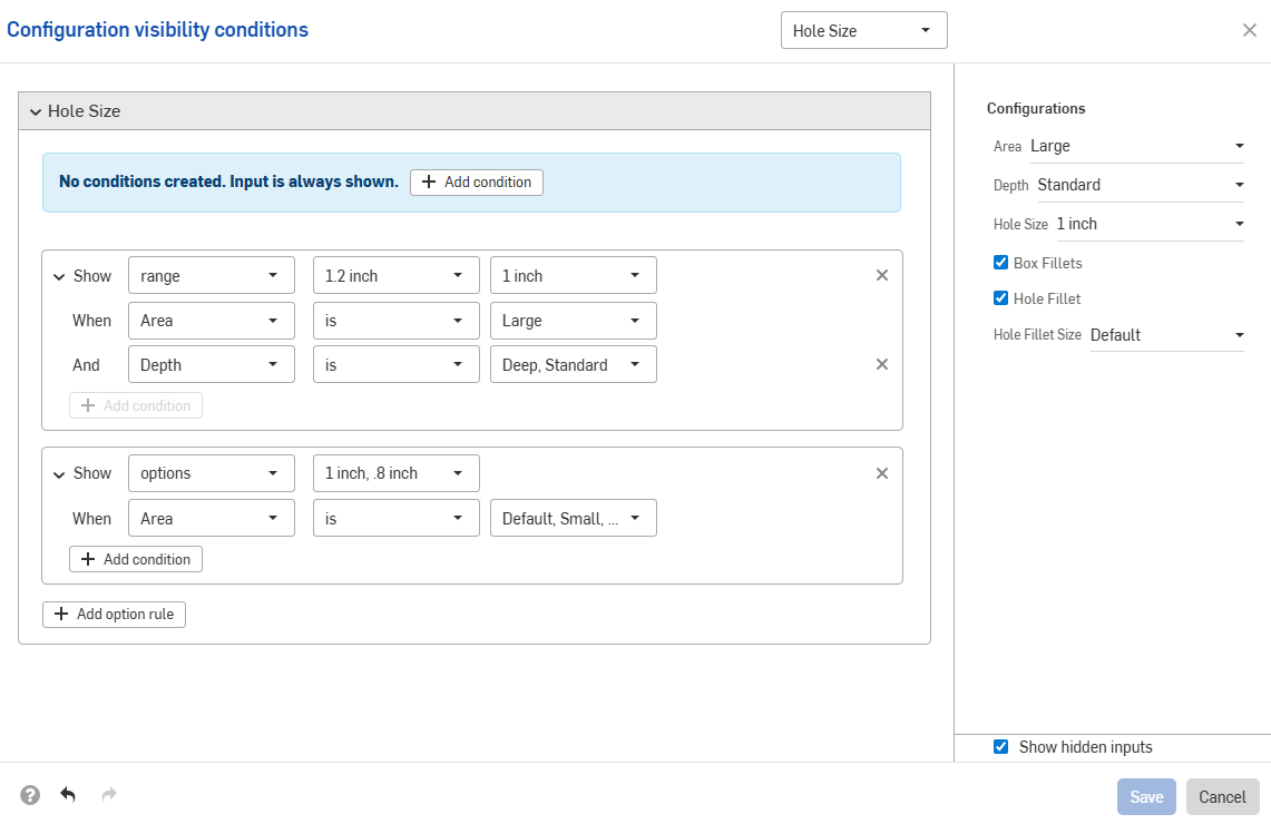 Configuration conditions dialog showing additive option rules