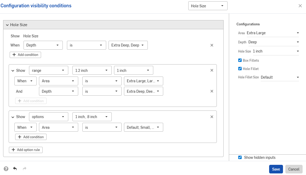 Configuration visibility conditions dialog showing additive option rules