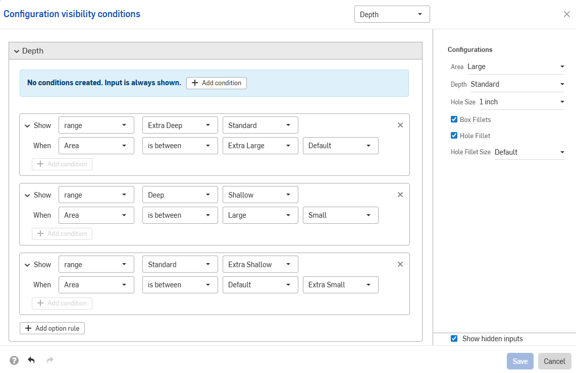 Configuration conditions dialog showing three option rules for an input