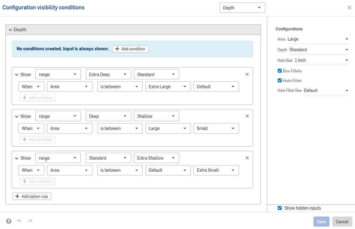 Configuration visibility conditions dialog showing three option rules for an input