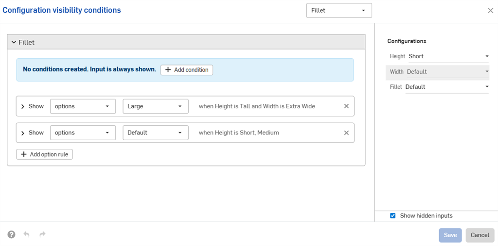 Visibility summaries shown when options are collapsed in dialog