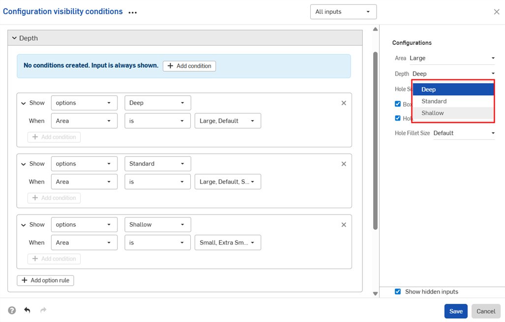 Configuration conditions dialog showing three option rules for an input
