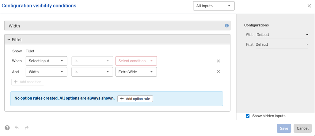 Visibility summaries shown when inputs are collapsed in dialog