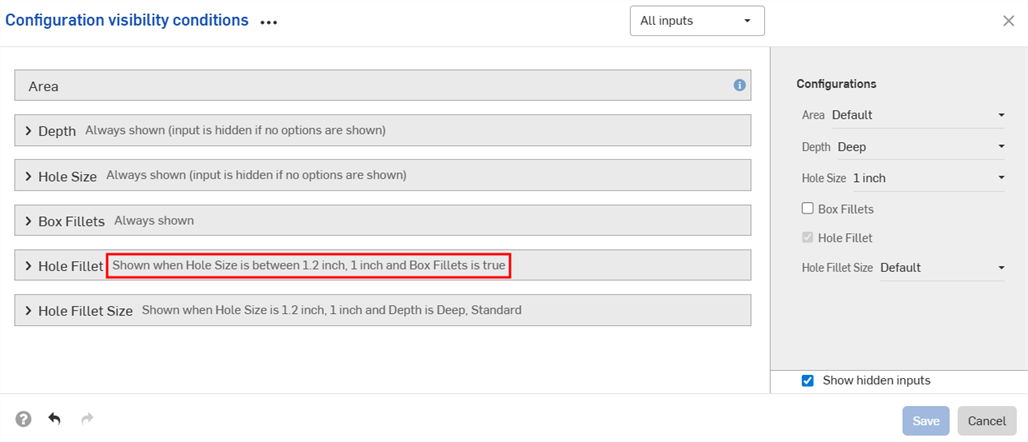 Visibility summaries shown when inputs are collapsed in dialog