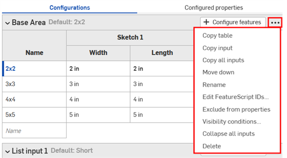 Configuration input drop down menu