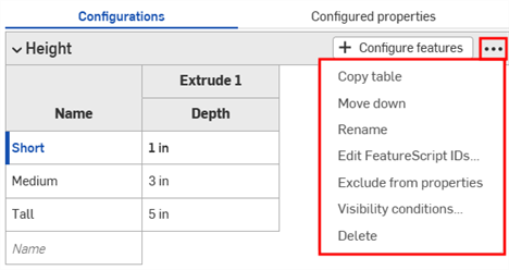 Configuration features drop down menu