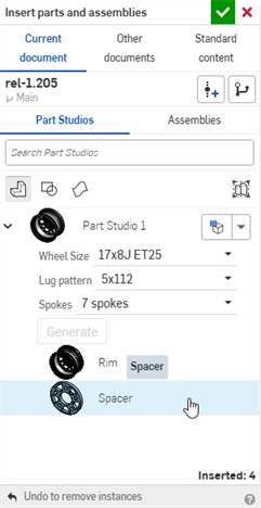 Click a configured part in the dialog to insert it