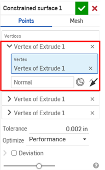 Constrained surface dialog with a vertex expanded