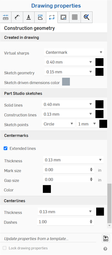 Drawing properties panel, Construction geometry tab