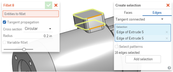 Example of selection within the Fillet Feature