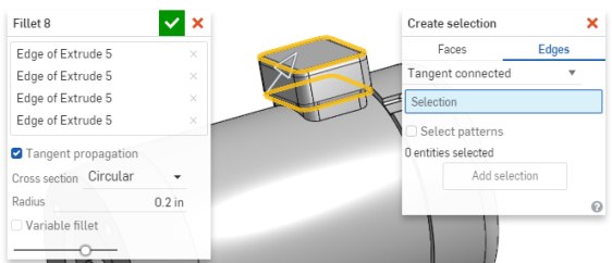 Example of selection within the Fillet Feature