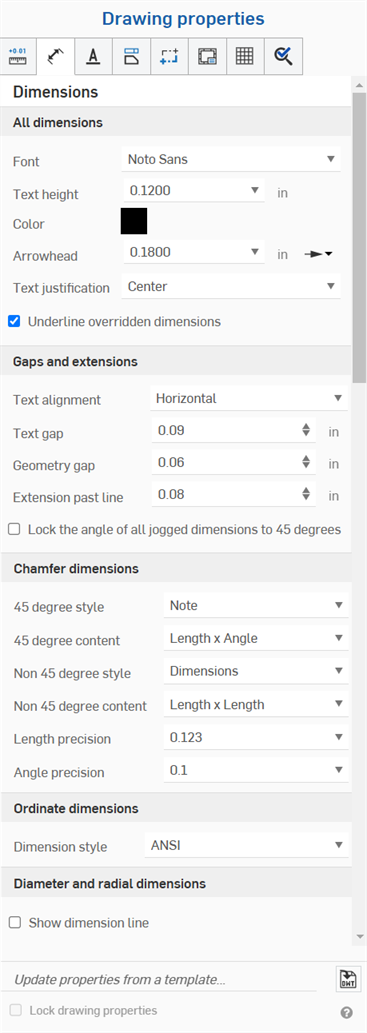 Drawing properties panel, Dimensions tab