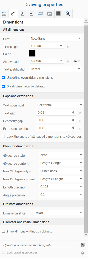 Drawing properties panel, Dimensions tab