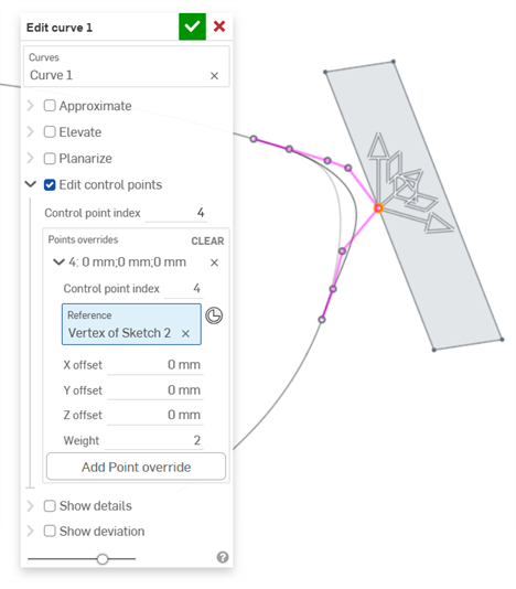 Edit curve: control point reference example