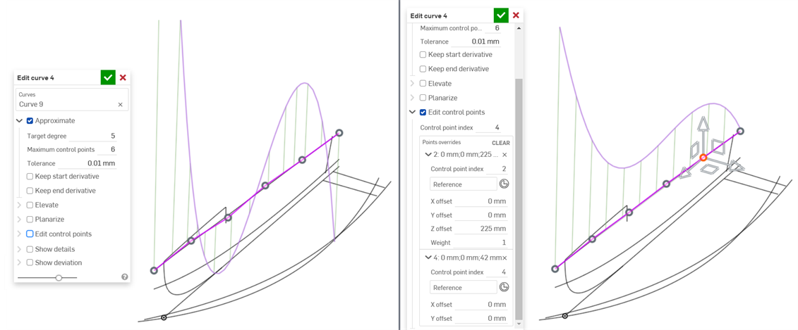 Editing control points on a curve