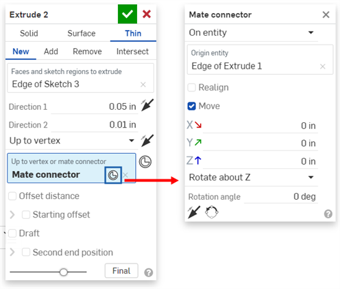 Clicking the Mate connector in the Extrude dialog to open the Mate connector dialog and edit the mate
