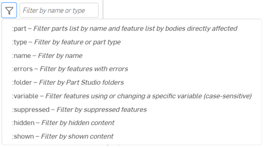 Available options for filtering features and parts