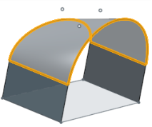 Example of edges of surface and two bridging curves selected as boundaries, resulting in a new surface created