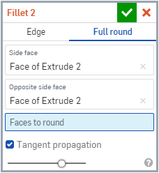 Round fillet dialog with side wall and opposite side walls selected