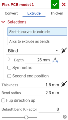 Flex PCB model dialog: Extrude