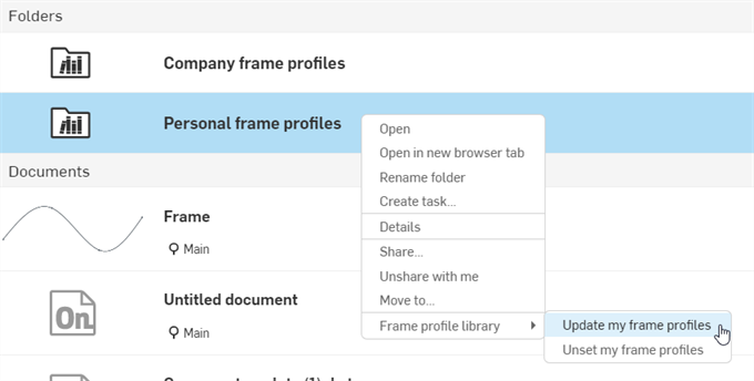 Frame profile library > Update my frame profiles