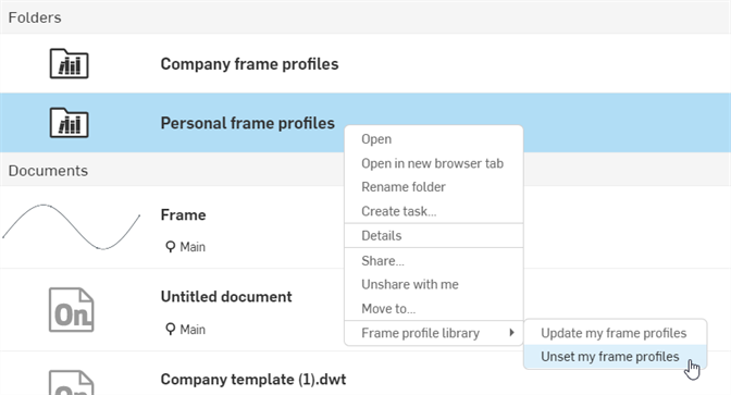 Frame profile library > Unset my frame profiles