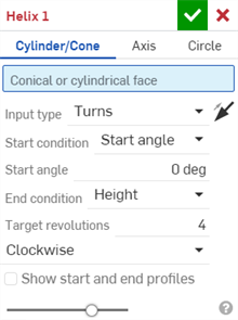Helix dialog with Cylinder/Cone helix type selected