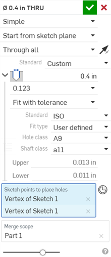 Tolerance options in Hole dialog
