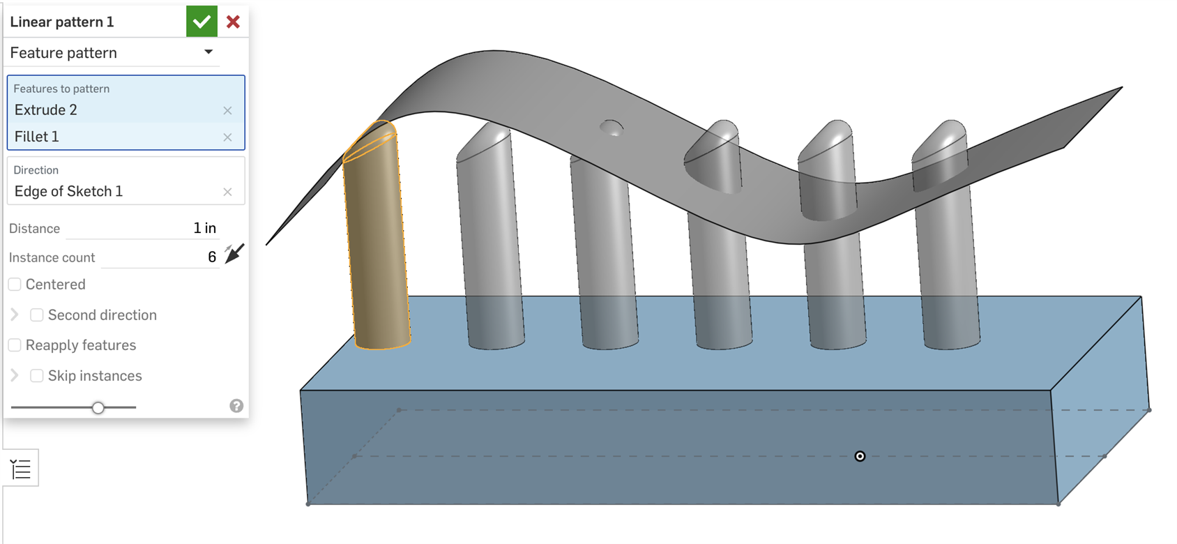 Example of an Up to next Extrude without Reapply features selected