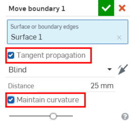Move boundary dialog box with arrows pointing to Maintain curvature and Tangent propagation features