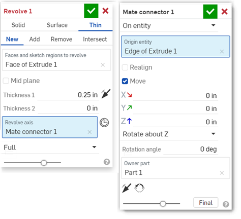 Revolve and Mate connector dialogs