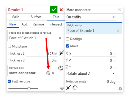 Click the Mate connector icon in the Revolve dialog to open the Mate connector edit dialog