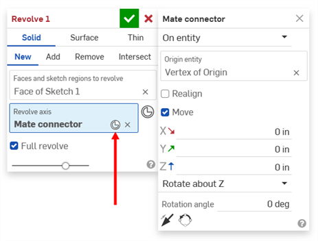Revolve and Mate connector dialogs