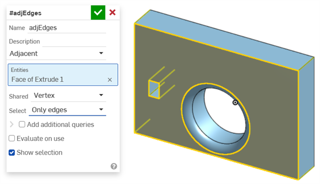 Query variable selects all edges that share a vertex with the specified face.