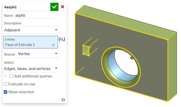 Query variable selects all edges, faces, and vertices that share a vertex with the specified face.