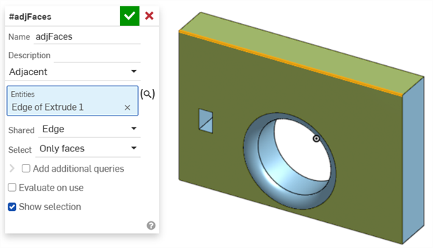 Query variable selects all faces that share an edge with the specified edge.