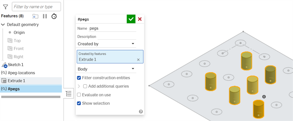 Query variable dialog with selection of bodies created by an extrude