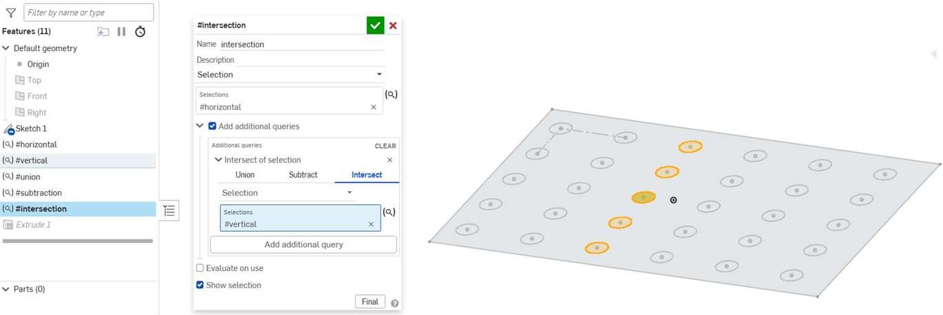 Query variable dialog with an intersection addition