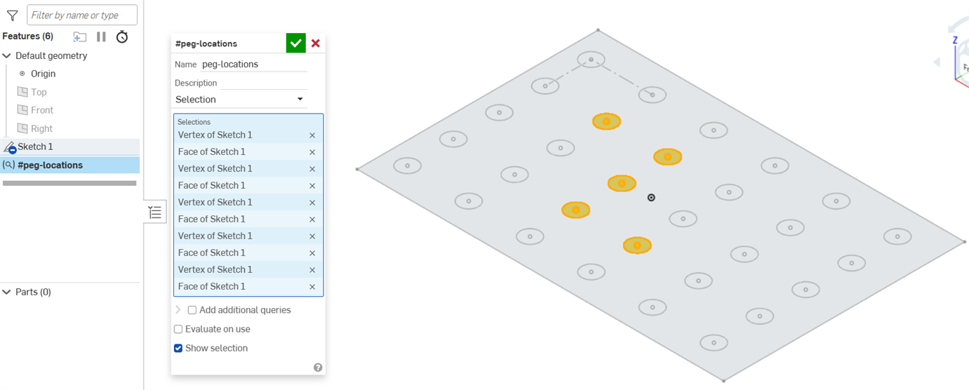 Query variable dialog with a subset of verteces and faces selected from a pegboard sketch