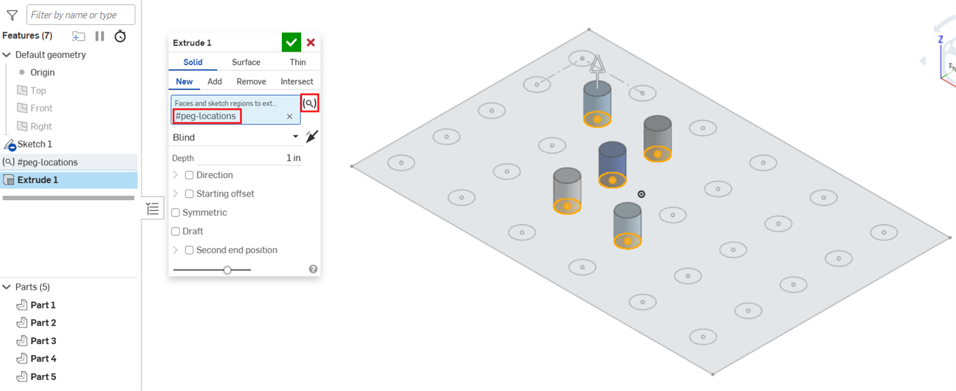 Query variable dialog with a subset of verteces and faces selected from a pegboard sketch