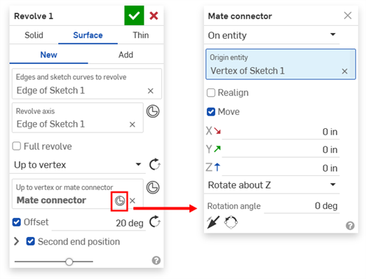 Clicking the Mate connector in the Revolve dialog