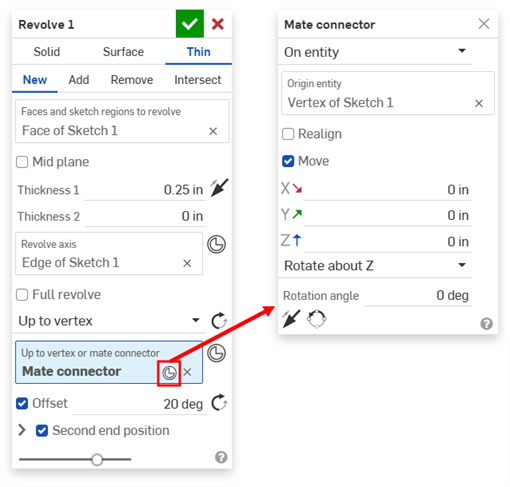 Clicking the Mate connector in the Revolve dialog