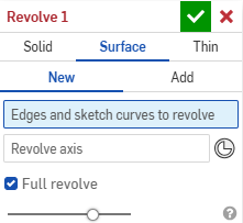 Revolve dialog with Surface creation type selected