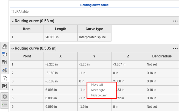Table cell context menu in the Routing curve table