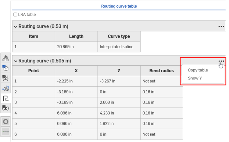 Table context menu in the Routing curve table