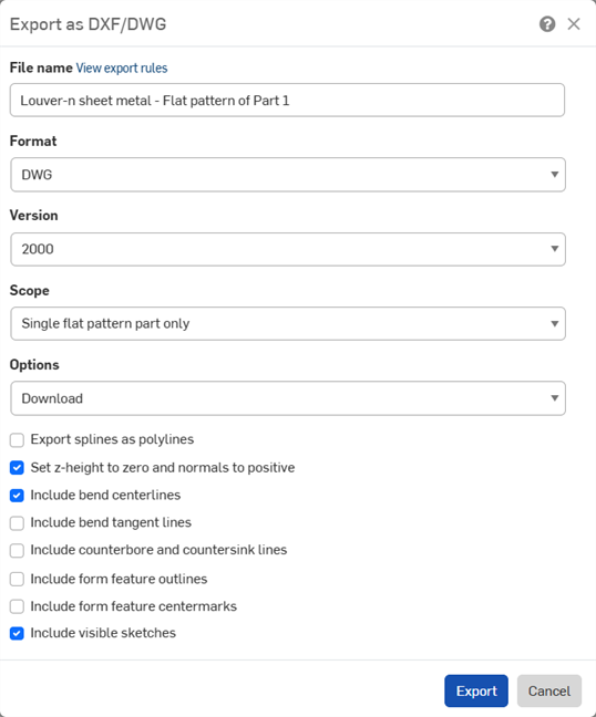 Example of the dialog when exporting DXF/DWG of flat pattern