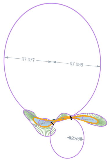 Show curvature example with Show for previewed edges, Show curvature combs, Show inflection points, and Show minimum radius enabled